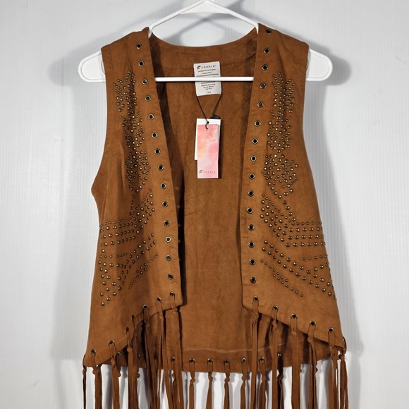 Fornia Jackets & Blazers - Fornia Womens Studded Fringe Faux Suede Vest Cognac Brown Western Boho Large NWT